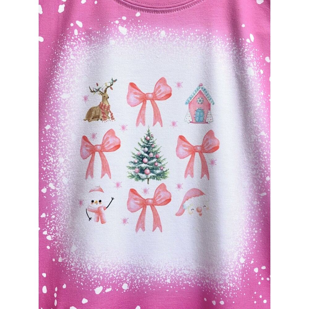Girls Pink Sublimated Christmas Tshirt Faux Bleached Size 8